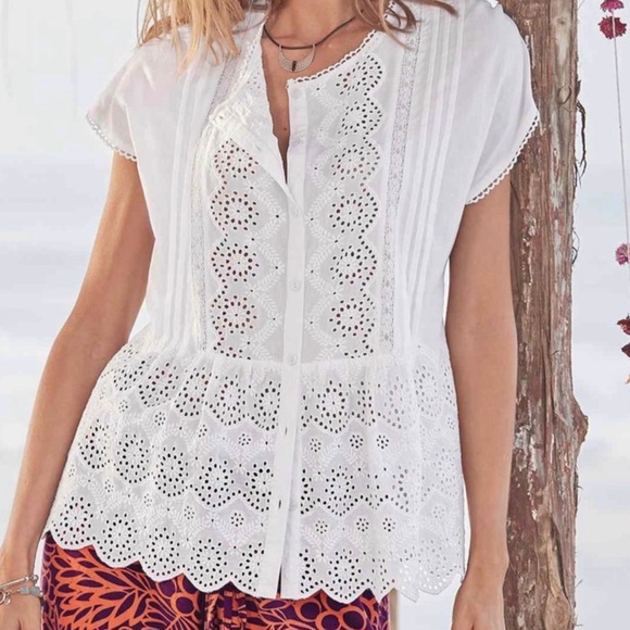 Sundance Tops - Sundance Art of Eyelet 100% Cotton Top XL Boho Prairie Coastal Lace Peplum NWOT